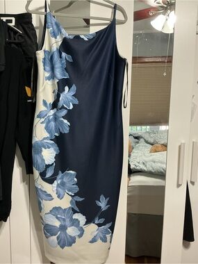 Donna Karan Navy and White Floral Midi Slip Dress
